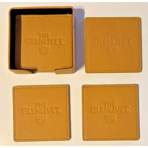 The GLENLIVET Leather Coaster Set Scotch Whiskey Set of 3 Coasters -Vintage